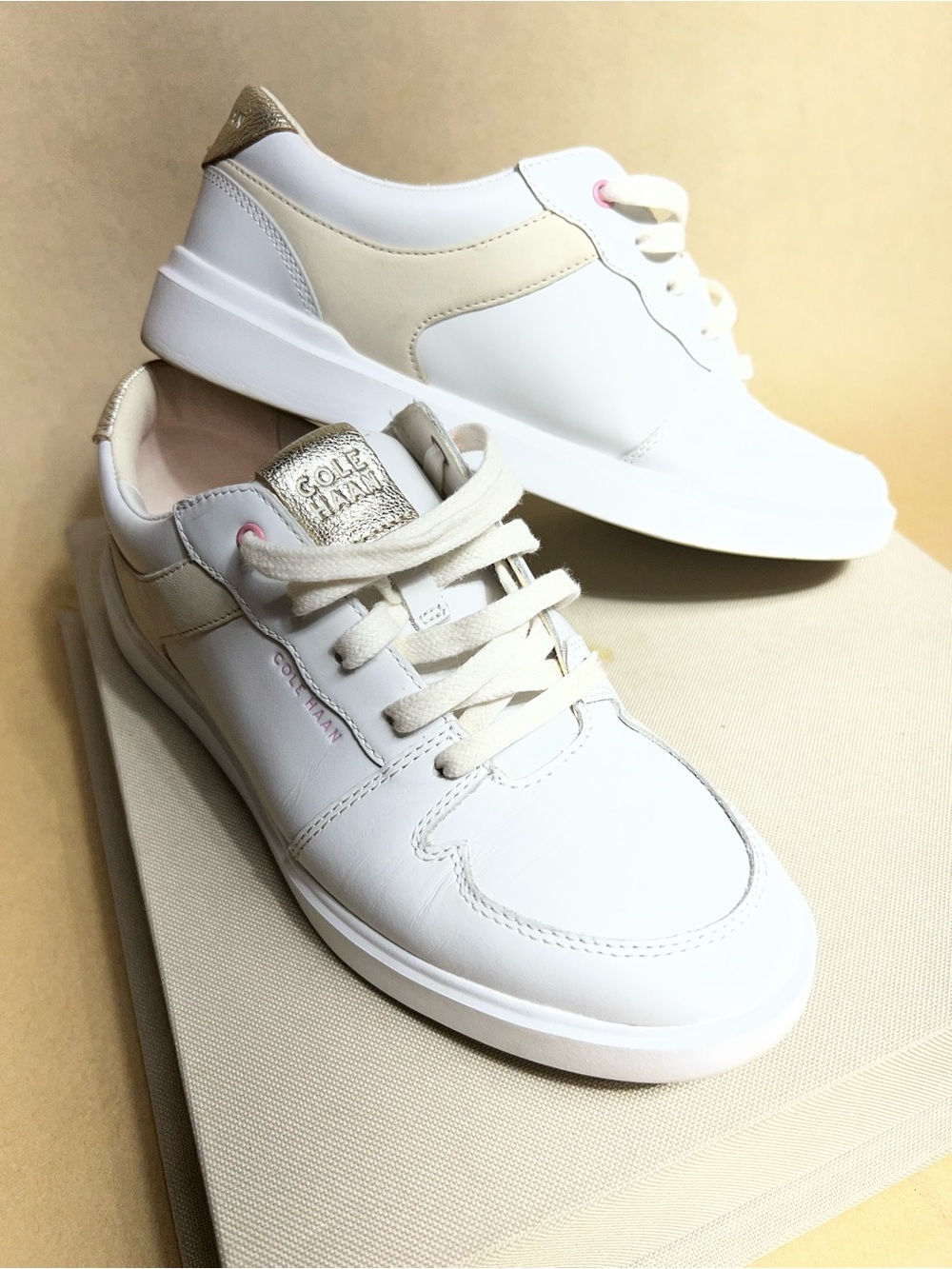 Cole Haan White Leather Sneakers with Beige & Gold Accents